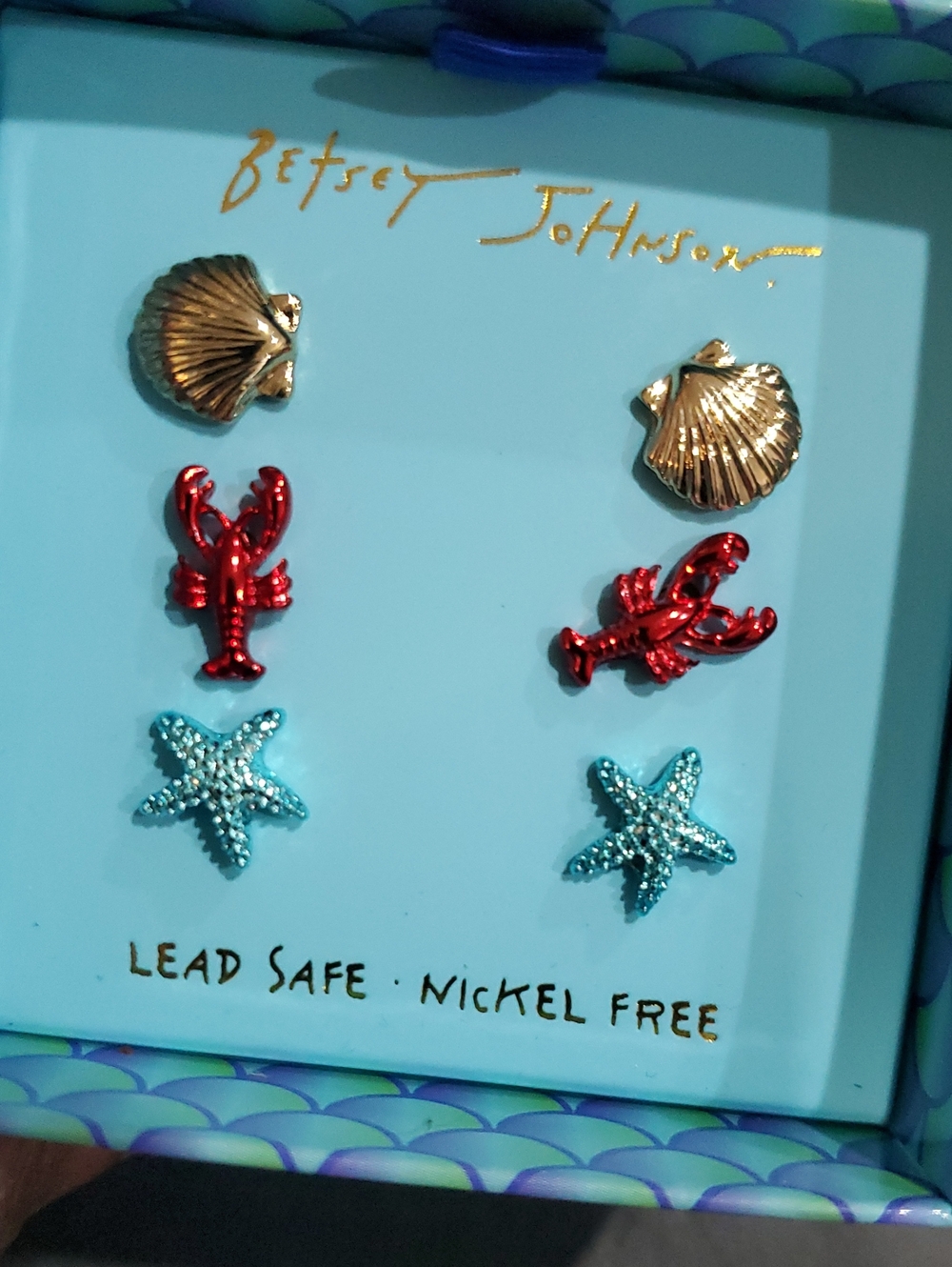 Betsey Johnson ocean theme gold seashell, lobster and Aqua starfish earrings set